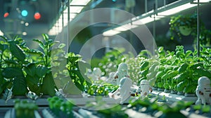 Smart robot farmers working on Hydroponic system vegetable agriculture farm.