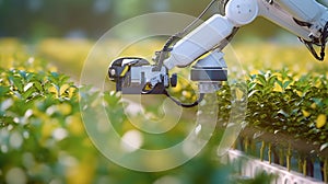 Smart robot farmers working on plantation, picking plants with robotic arms, future agriculture. Generative AI