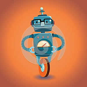 Smart robot with glasses on wheel. Vector illustration.