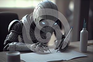 Smart robot thinking and writing answers with pen and paper