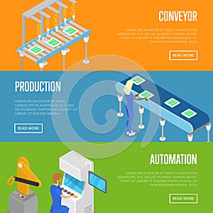 Smart robotic assembly line isometric 3D posters