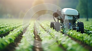 Smart robotic farmers in agriculture futuristic robot automation to work to spray chemical fertilizer or increase efficiency