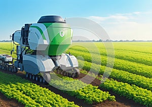 smart robotic farmers in agriculture futuristic robot automation to work to spray chemical fertilizer or increase efficiency