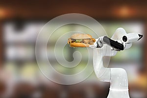 Smart robotic food holding a hamburger in restaurant futuristic robot automation increase efficiency