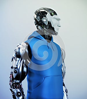 Smart robotic sci-fi man in blue shirt, 3d illustration in profile