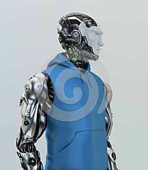 Smart robotic sci-fi man in blue shirt, 3d illustration in profile