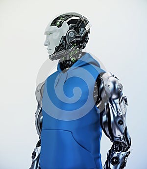 Smart robotic sci-fi man in blue shirt, 3d illustration in profile