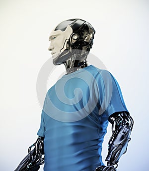 Smart robotic sci-fi man in blue shirt, 3d illustration in profile