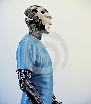 Smart robotic sci-fi man in blue shirt, 3d illustration in profile