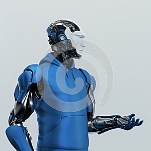 Smart robotic sci-fi man in blue shirt gesturing, 3d illustration in profile