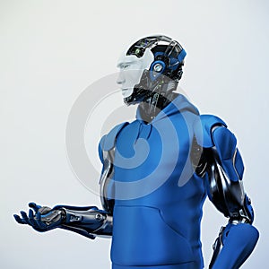 Smart robotic sci-fi man in blue shirt gesturing, 3d illustration in profile