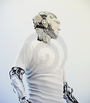 Smart robotic sci-fi man in clothes, 3d illustration in profile