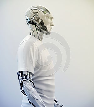 Smart robotic sci-fi man in clothes, 3d illustration in profile