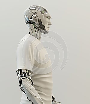 Smart robotic sci-fi man in clothes, 3d illustration in profile