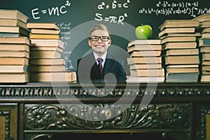 Smart school boy sitting at table with many books