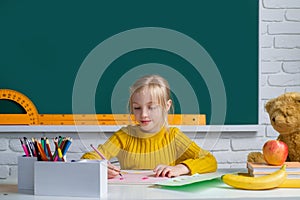 A smart school girl sitting at the table, preparing for the exam. Education, learning and children concept.