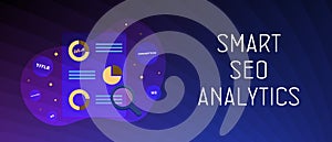 Smart SEO Analytics horizontal concept. On-page search engine optimization with website analytics and digital marketing strategy