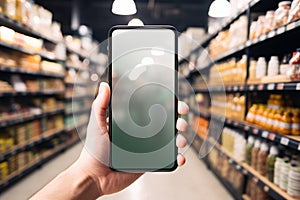 Smart shopping concept Mobile phone at supermarket shelves, blank screen