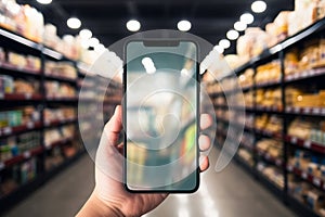 Smart shopping concept Mobile phone at supermarket shelves, blank screen