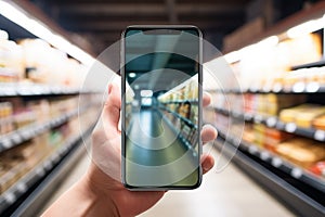 Smart shopping concept Mobile phone at supermarket shelves, blank screen