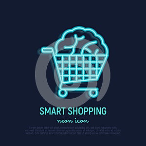 Smart shopping neon thin line icon: brain in trolley. Loyalty program, referal system, cashback. Modern vector illustration