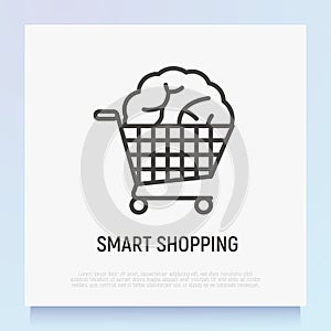 Smart shopping thin line icon: brain in trolley. Loyalty program, referal system, cashback. Modern vector illustration