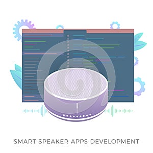 Smart speaker apps development flat vector icon. Wireless virtual voice assistant application software with developer code window
