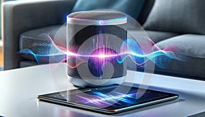 Smart speaker on a tablet emitting sound waves, AI-generated.