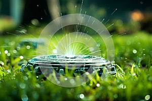 Smart sprinkler system waters green lawn, conserving water with adjustable head
