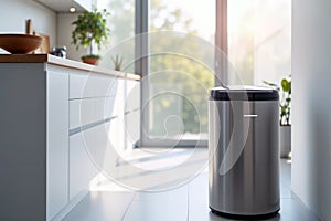 Smart Stainless Steel Trash Can in a Modern Kitchen, generative ai