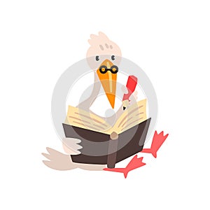 Smart stork in glasses reading a book, cute bird cartoon character, school education and knowledge concept vector