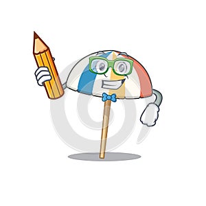 A smart student beach umbrella character with a pencil and glasses