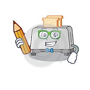 A smart Student bread toaster character holding pencil