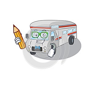 A smart Student campervan character holding pencil