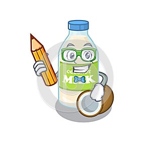 A smart Student coconut milk character holding pencil
