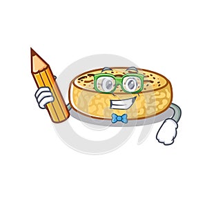 A smart Student crumpets character holding pencil