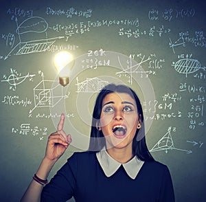 Smart student with idea light bulb maths and science formulas on background