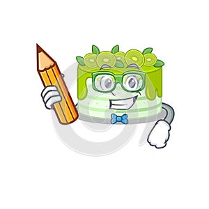 A smart Student kiwi cake character holding pencil