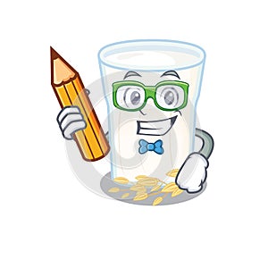 A smart Student oats milk character holding pencil