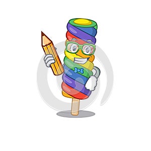 A smart Student rainbow ice cream character holding pencil