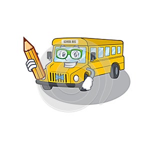 A smart Student school bus character holding pencil