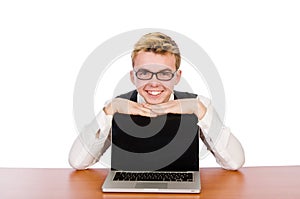 The smart student sitting with laptop isolated on