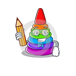 A smart Student toy pyramid character holding pencil