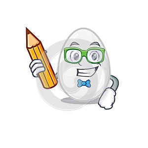 A smart Student white egg character holding pencil