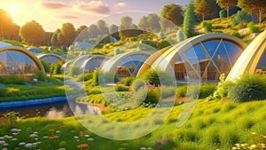 Smart sustainable city architecture with buildings for carbon footprint, environment and futuristic.