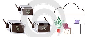 Smart Technology Devices with Innovation, Search, and Connectivity Icons in Modern Workspace Setting with Cloud