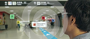 Smart technology in industry mobile 4.0 or 5.0 concept , user use smart glasses with augmented mixed virtual reality technology in
