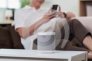 Smart Technology. A man using voice assistant with smart speaker at home.