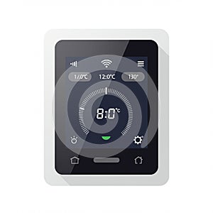 Smart thermostat interface featuring a digital display with a black screen and grey