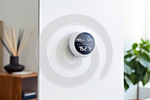 A smart thermostat shows temperature and CO2 levels on a white wall in a modern minimalistic room. Integration of intelligent home